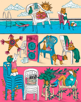 Les illustrations de la chaise monobloc pour le magazine Bacánika