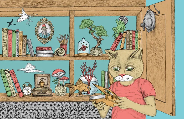 Anthropomorphic cat holding scissors in front of detailed bookshelf, by Carolina Zambrano
