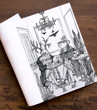 Graphite and digital illustration of deer-headed figures seated around table by Carolina Zambrano