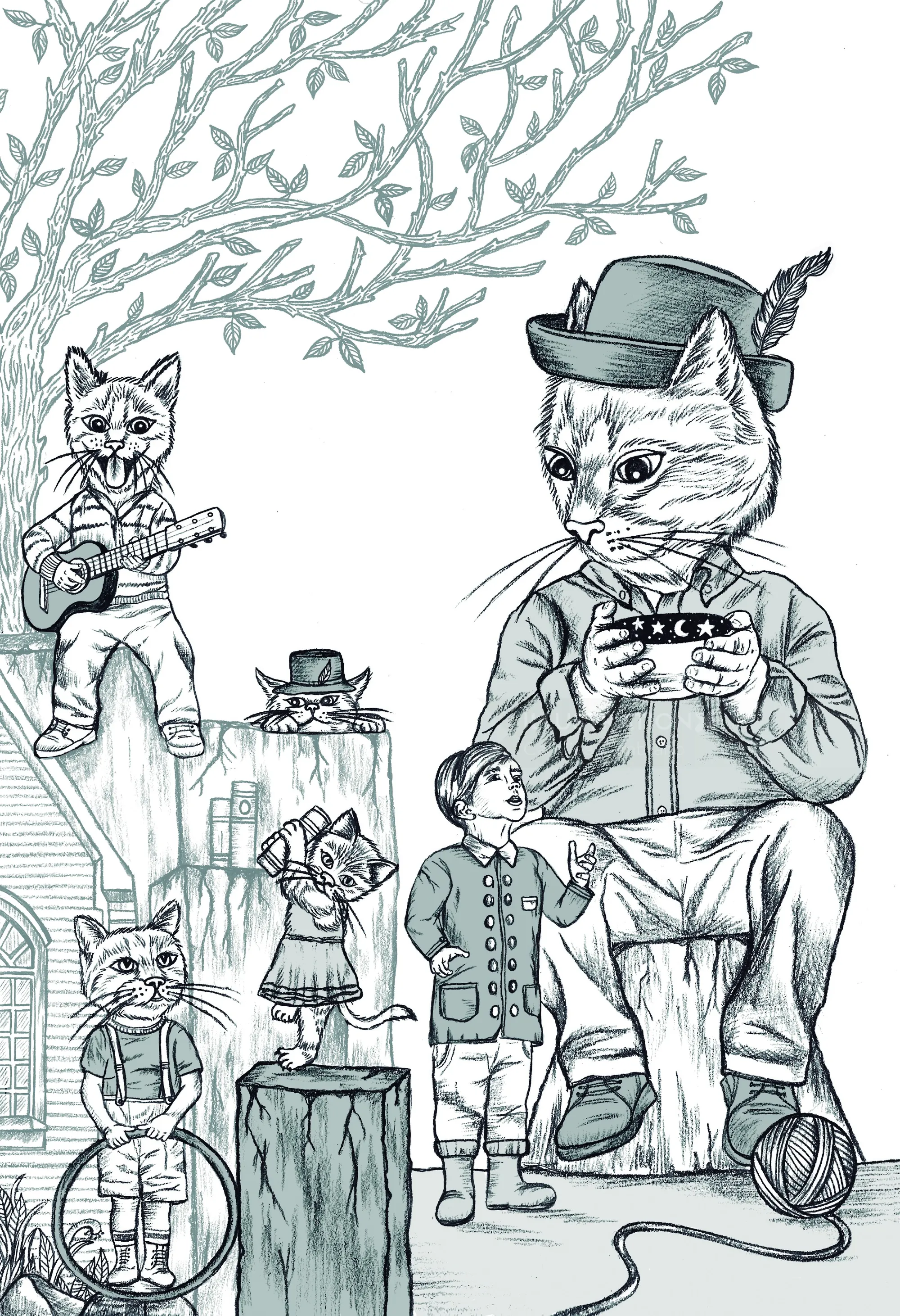 Anthropomorphic cats and a child in detailed graphite and color by Carolina Zambrano