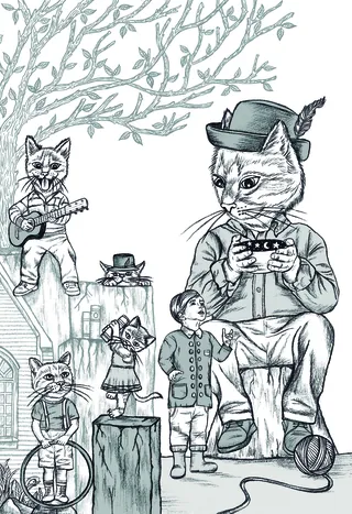 Anthropomorphic cats and a child in detailed graphite and color by Carolina Zambrano