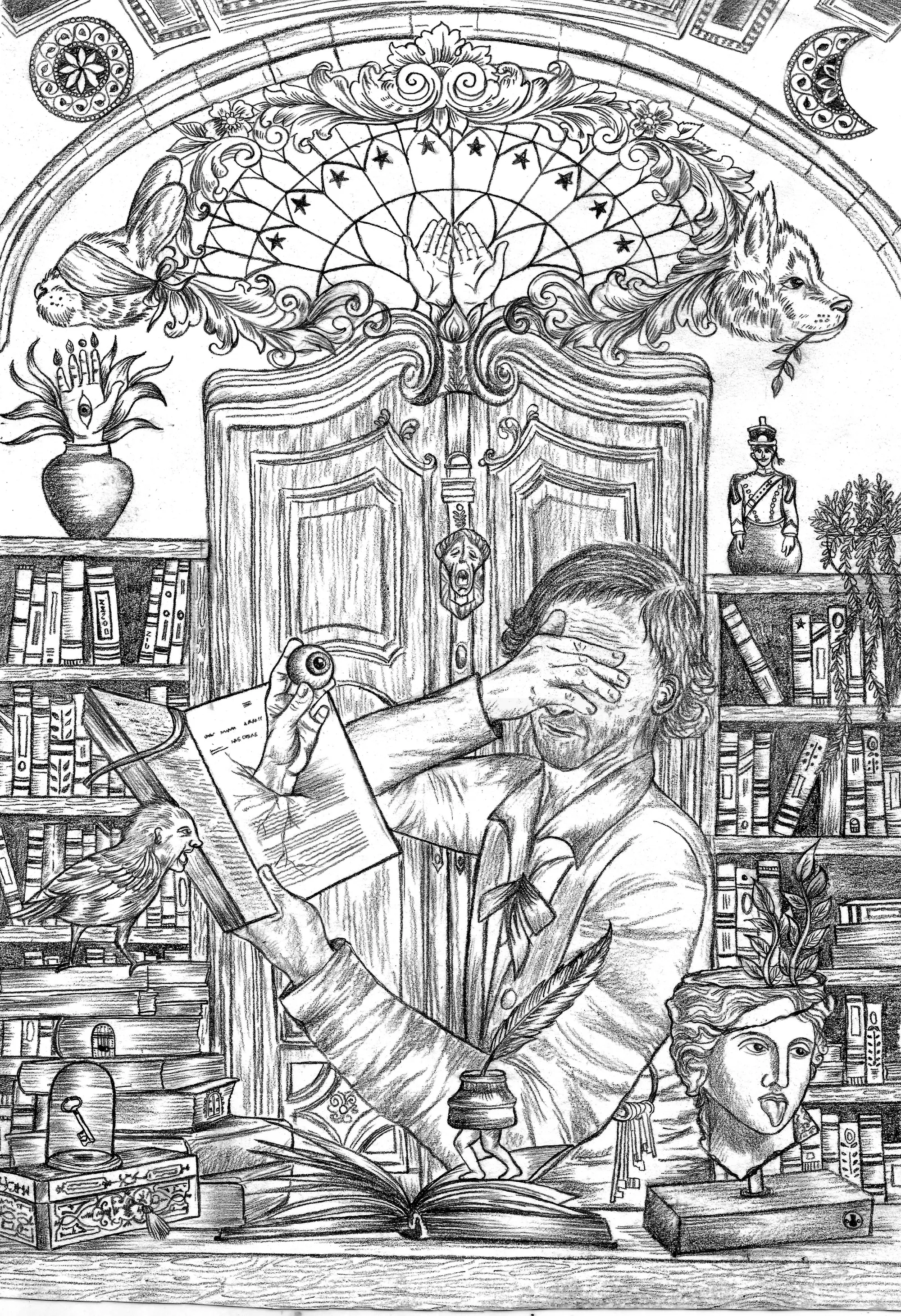 Graphite and digital illustration from The Library Tale by Ricardo Lesser