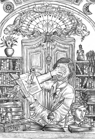 Graphite and digital illustration from The Library Tale by Ricardo Lesser
