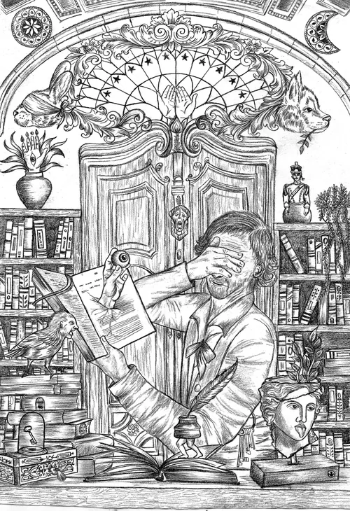 Graphite and digital illustration from The Library Tale by Ricardo Lesser
