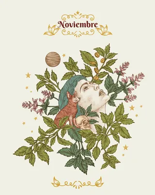 Illustration of a woman surrounded by leaves, a fox, and a snail by Carolina Zambrano