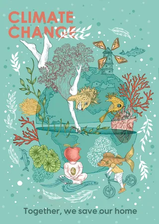 Illustration about climate change with ocean creatures and plants by Carolina Zambrano