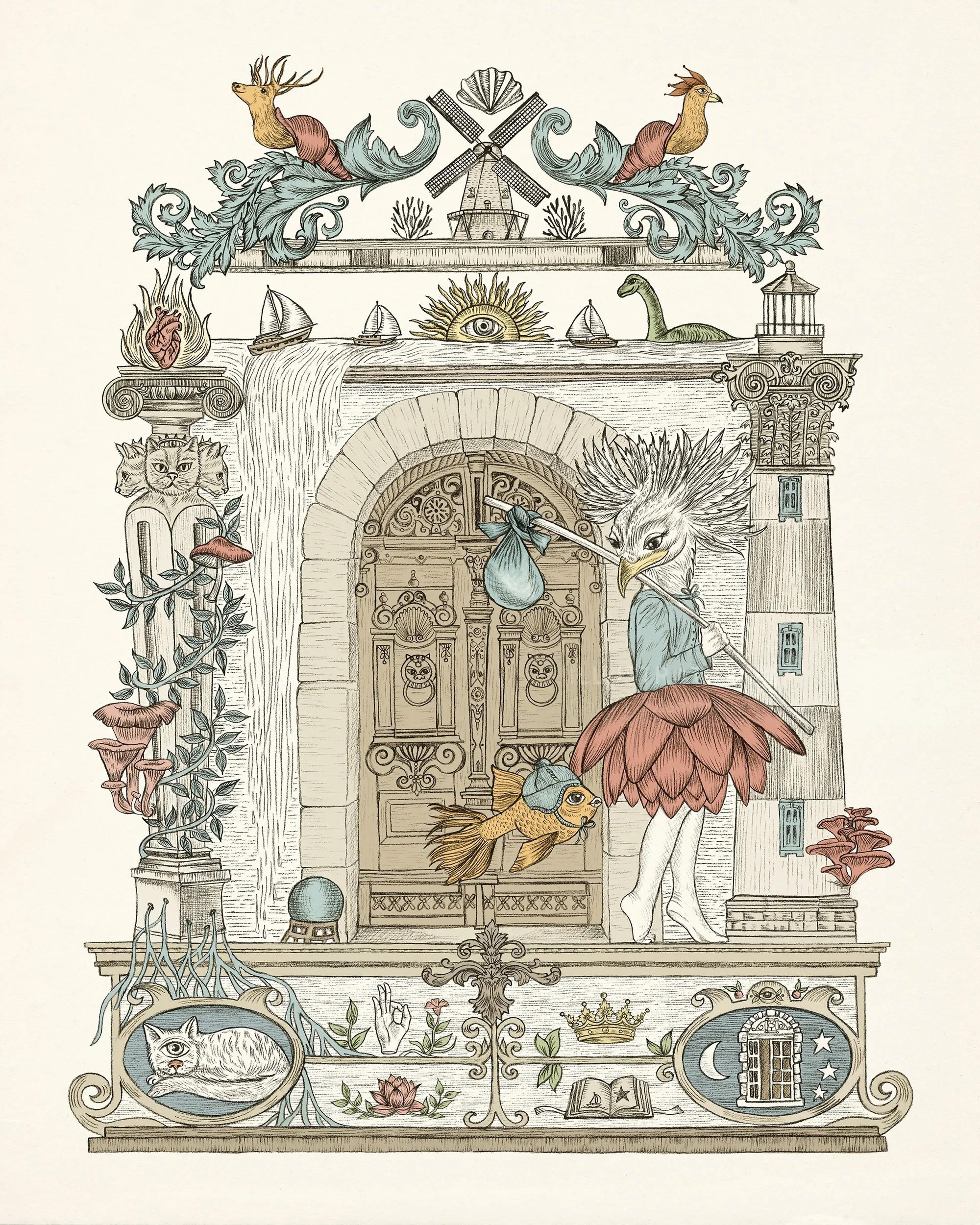 Surreal bird-human figure painting with architectural elements by Carolina Zambrano