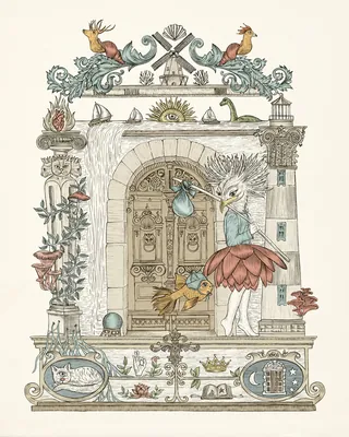 Surreal bird-human figure painting with architectural elements by Carolina Zambrano