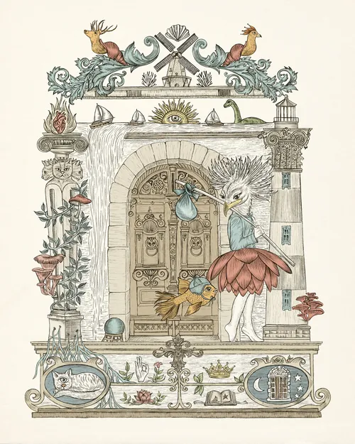 Surreal bird-human figure painting with architectural elements by Carolina Zambrano