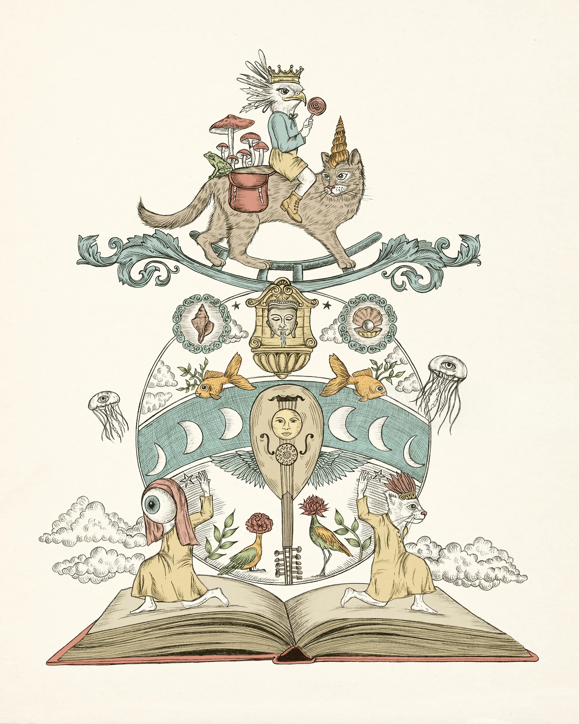 Surreal animal totem atop open book with moons and jellyfish, Carolina Zambrano
