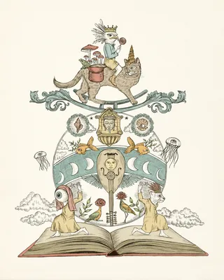 Surreal animal totem atop open book with moons and jellyfish, Carolina Zambrano