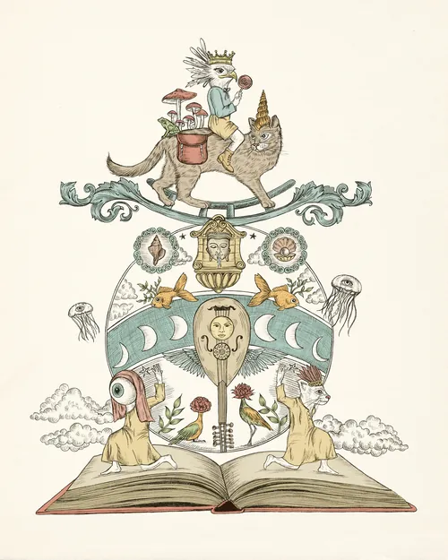 Surreal animal totem atop open book with moons and jellyfish, Carolina Zambrano