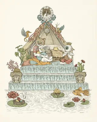 Surreal animal figures on a tiered platform by Carolina Zambrano