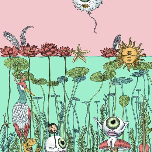 Surreal nature scene with floating eyeballs, sun face, flowers, and guitar by Carolina Zambrano