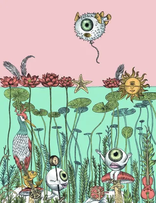 Surreal nature scene with floating eyeballs, sun face, flowers, and guitar by Carolina Zambrano