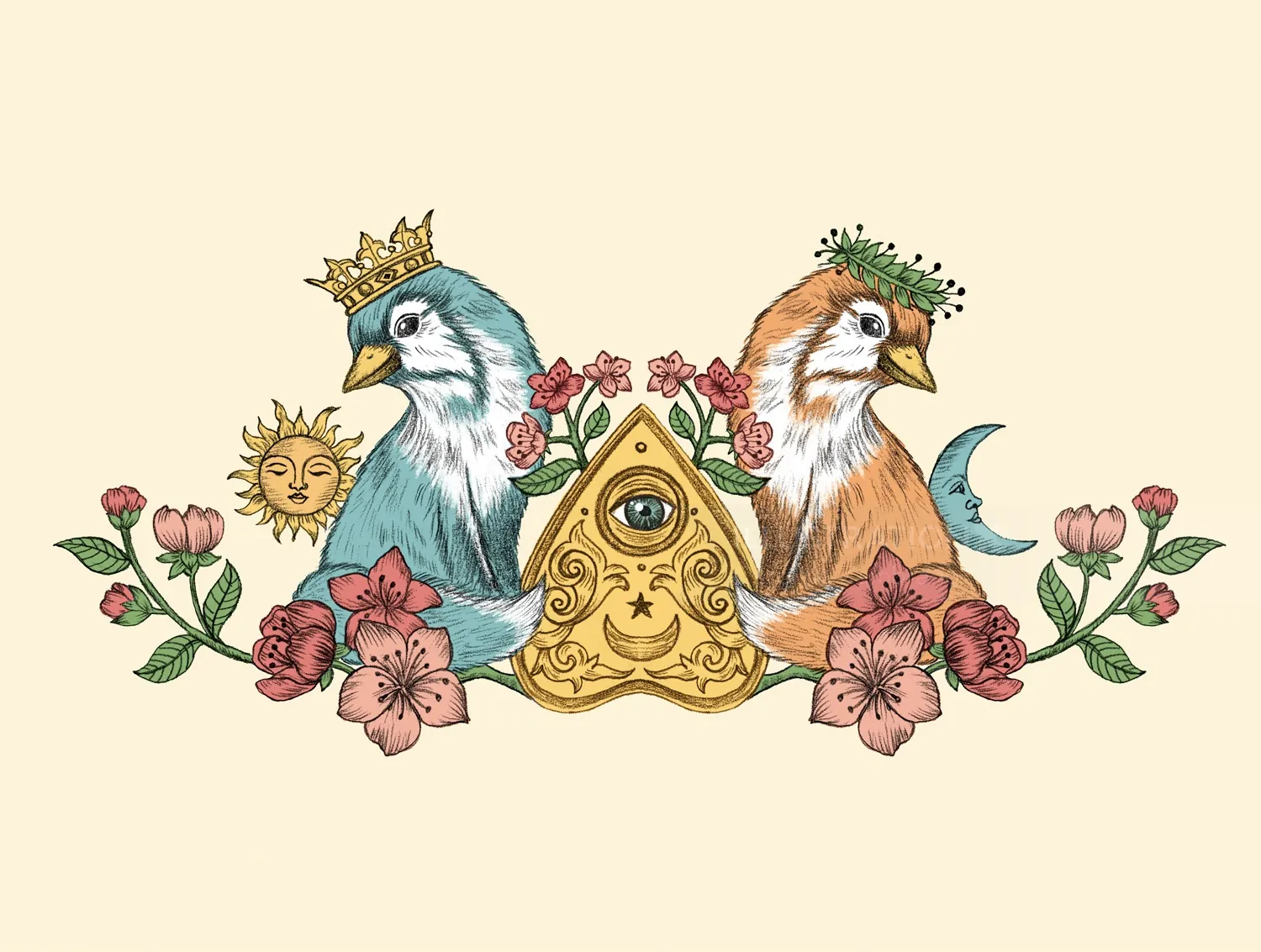 Two birds with crowns and floral designs by Carolina Zambrano