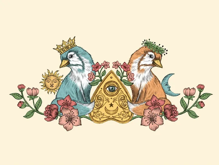 Two birds with crowns and floral designs by Carolina Zambrano