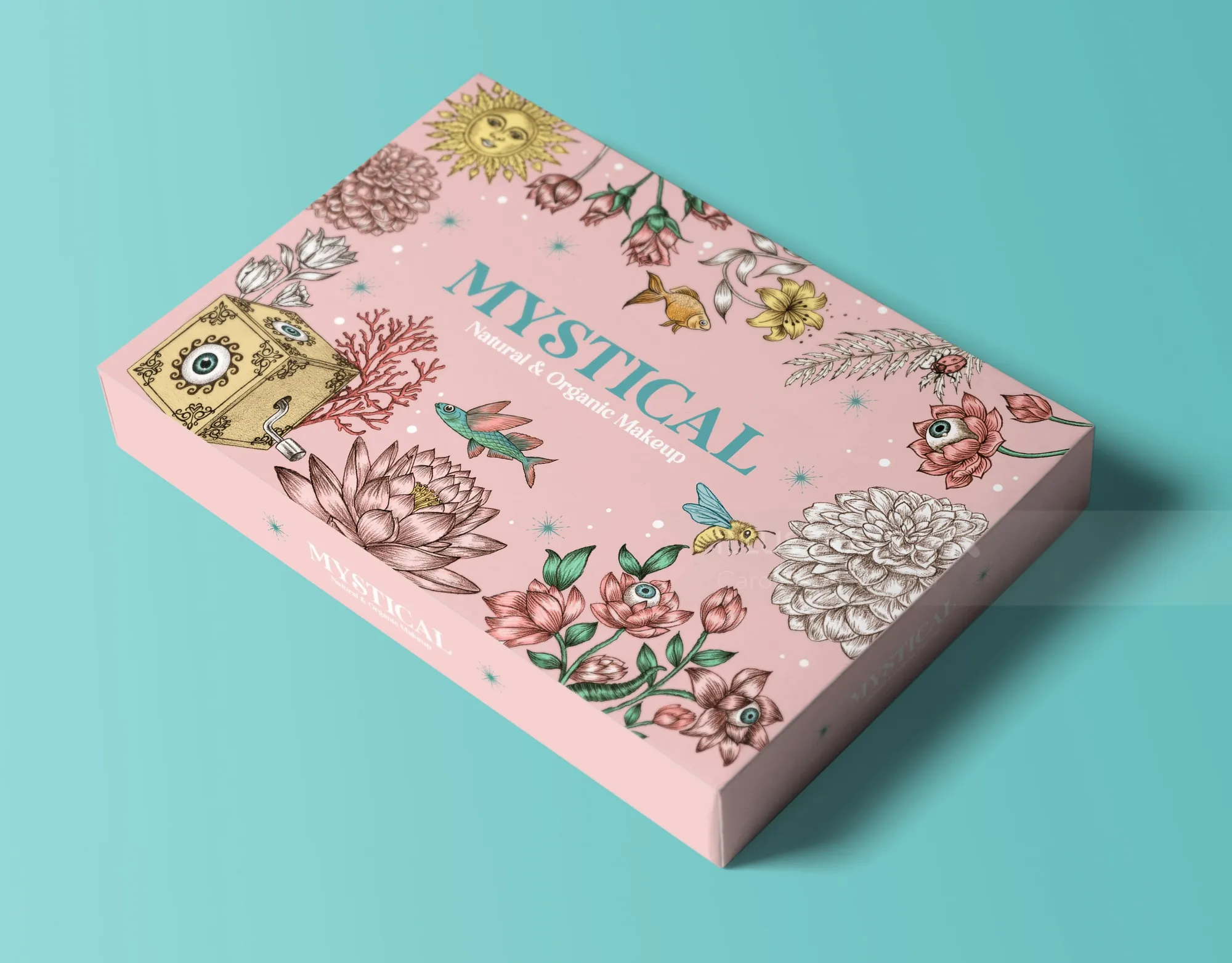 Pink mystical natural organic makeup packaging with floral illustrations