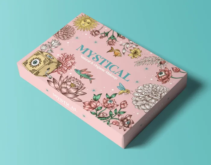 Pink mystical natural organic makeup packaging with floral illustrations