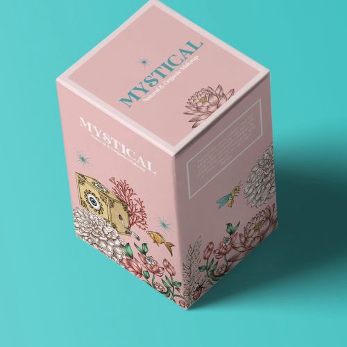 Pink mystical natural organic makeup packaging with floral designs