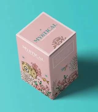 Pink mystical natural organic makeup packaging with floral designs