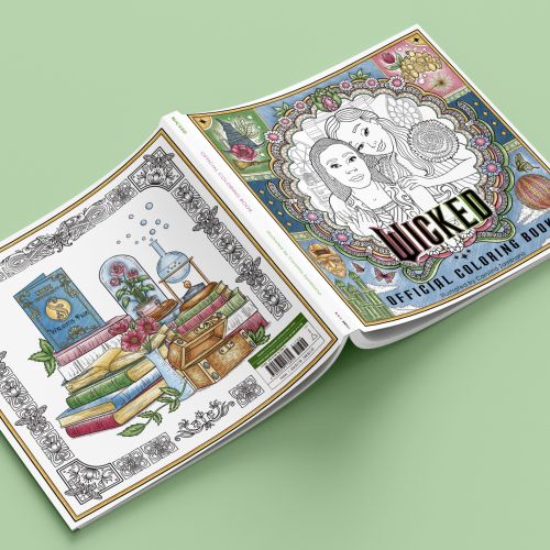 Open Wicked movie official coloring book showing detailed illustrations