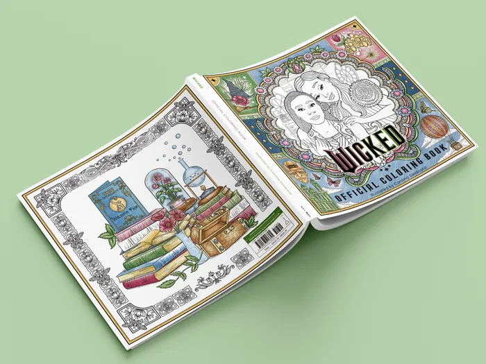 Open Wicked movie official coloring book showing detailed illustrations
