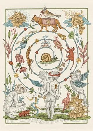Vintage surreal spiral illustration with animals, plants, and a child figure