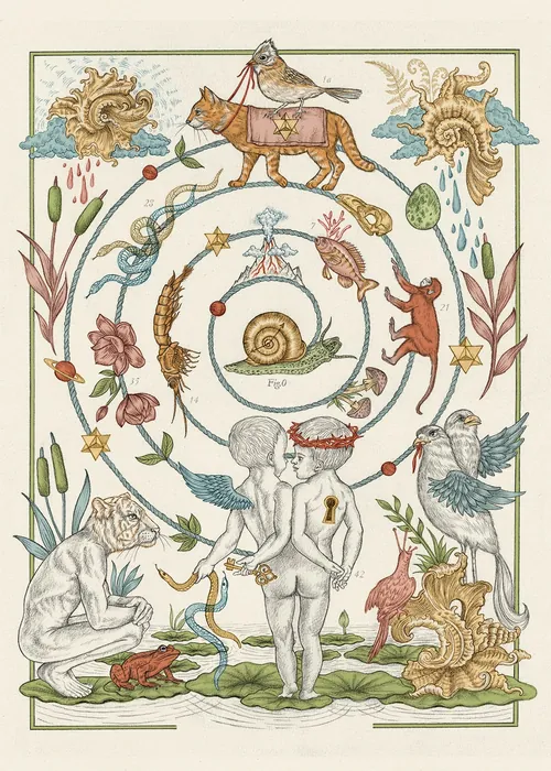 Spirale vintage surréaliste avec animaux et enfant par Carolina Zambrano