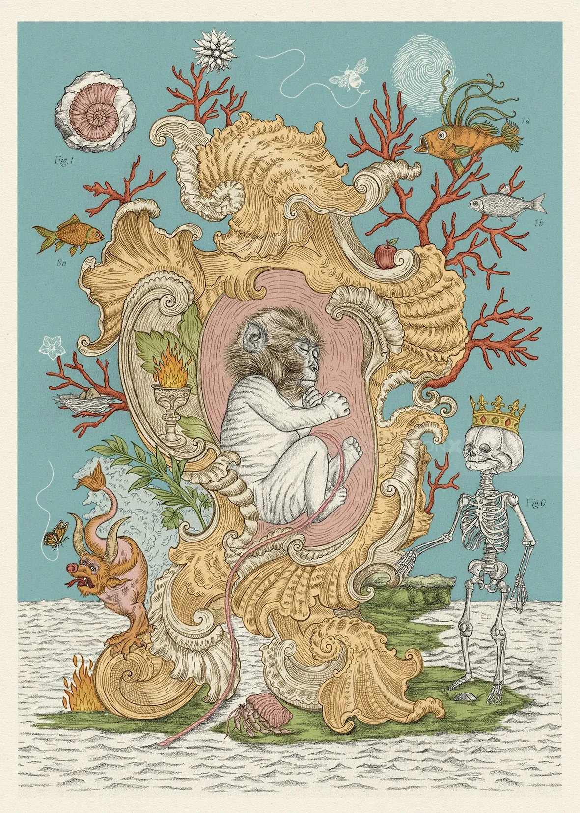 Surreal image of a human figure curled inside a seashell with coral and a crowned skeleton.
