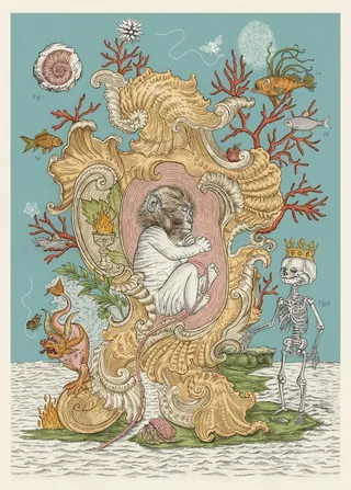 Surreal image of a human figure curled inside a seashell with coral and a crowned skeleton.