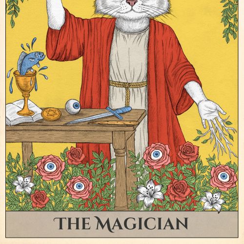 The Magician tarot card with cat figure and symbolic objects by Carolina Zambrano