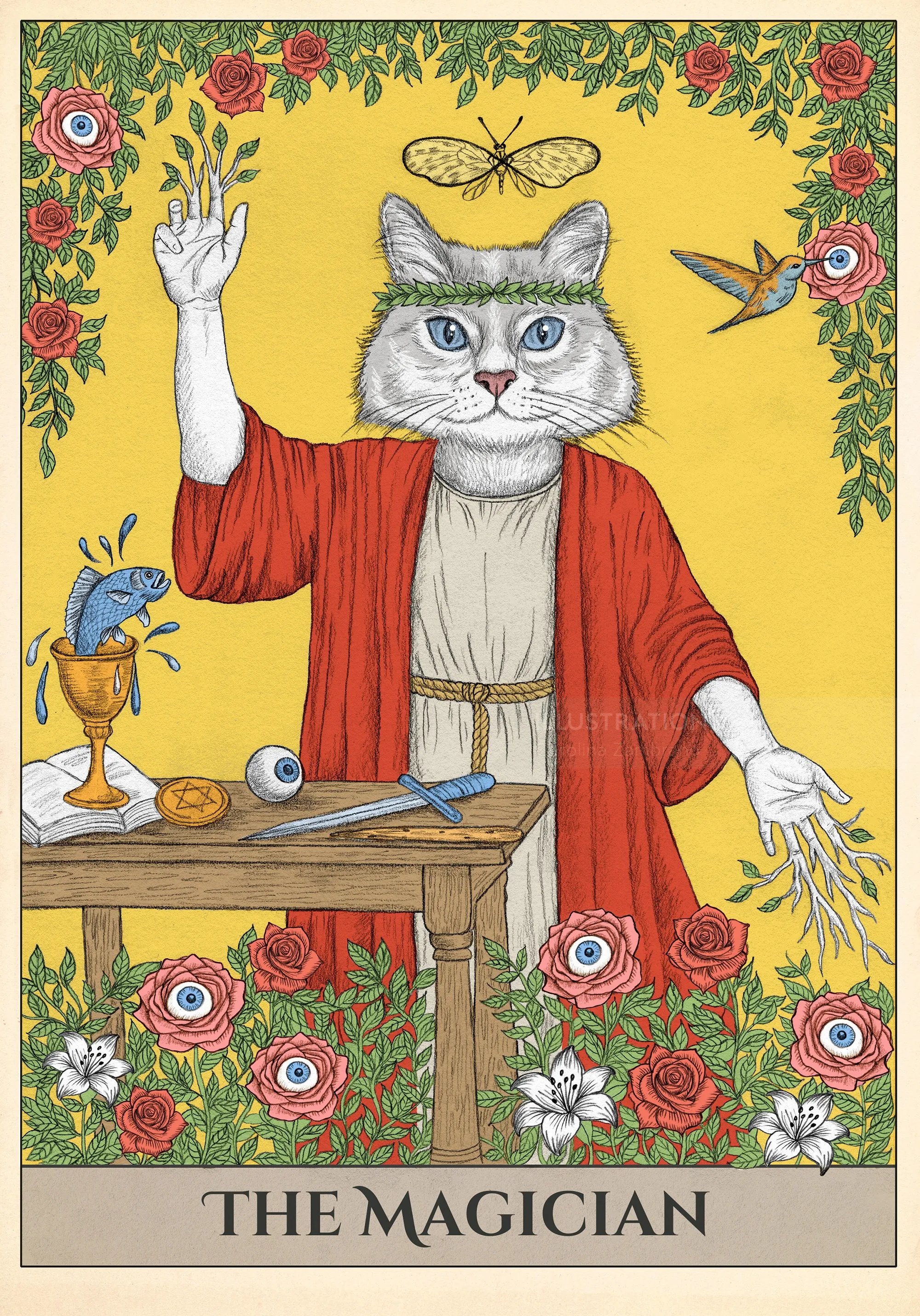 The Magician tarot card with cat figure and symbolic objects by Carolina Zambrano