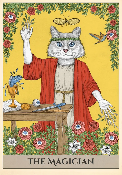 The Magician tarot card with cat figure and symbolic objects by Carolina Zambrano