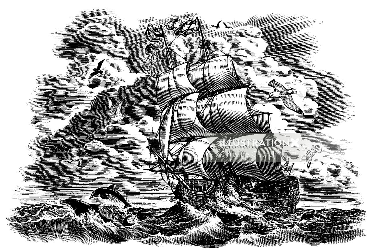Ilustração a preto e branco de veleiro