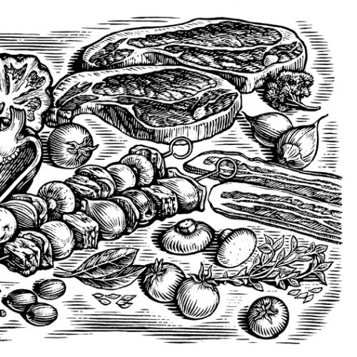 Black and white illustration of vegetables 