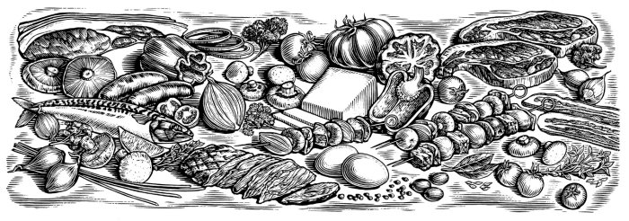 Black and white illustration of vegetables 