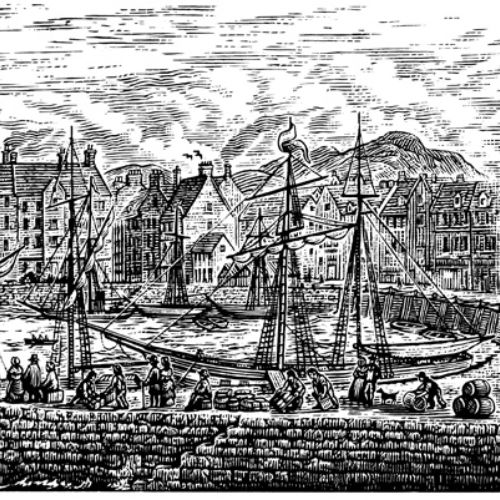 Black and white illustration of port area 