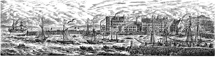 Black and white illustration of port area 