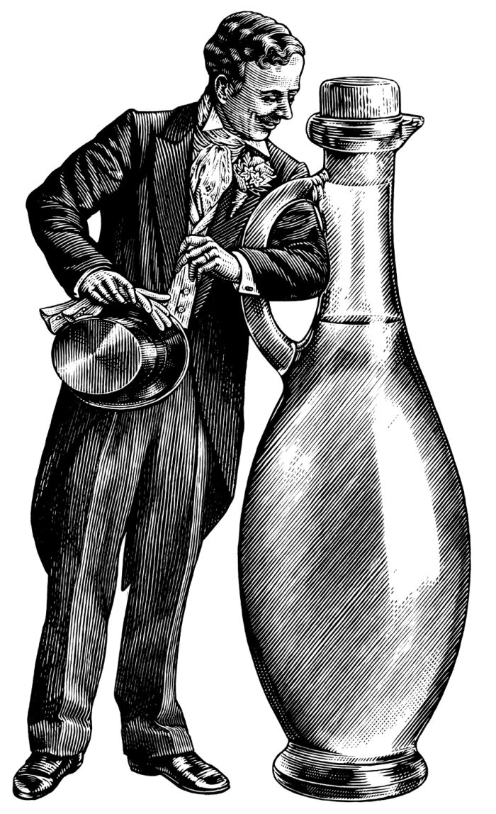Homem histórico com garrafa de vinho
