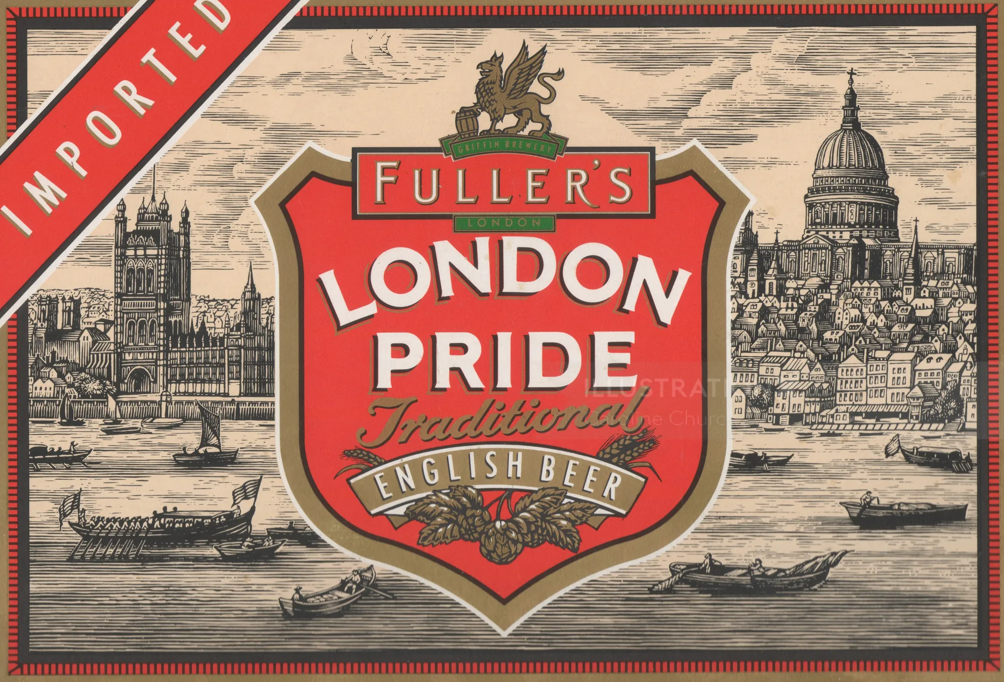 Rótulo da cerveja Fuller's London Pride com horizonte de Londres por Caroline Church