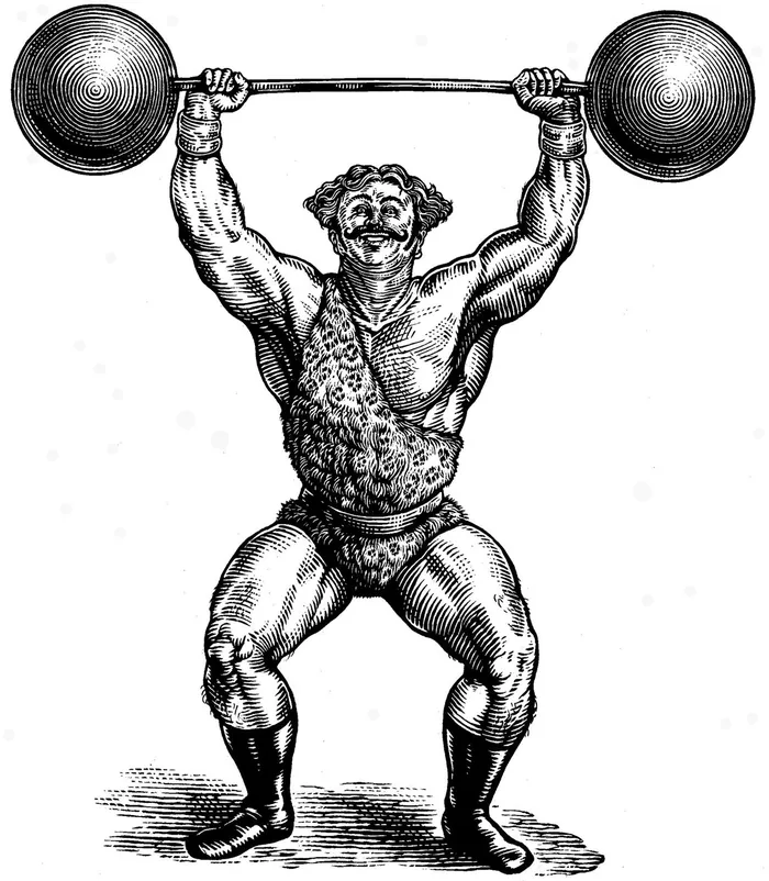Vintage strongman lifting heavy barbell overhead by Caroline Church