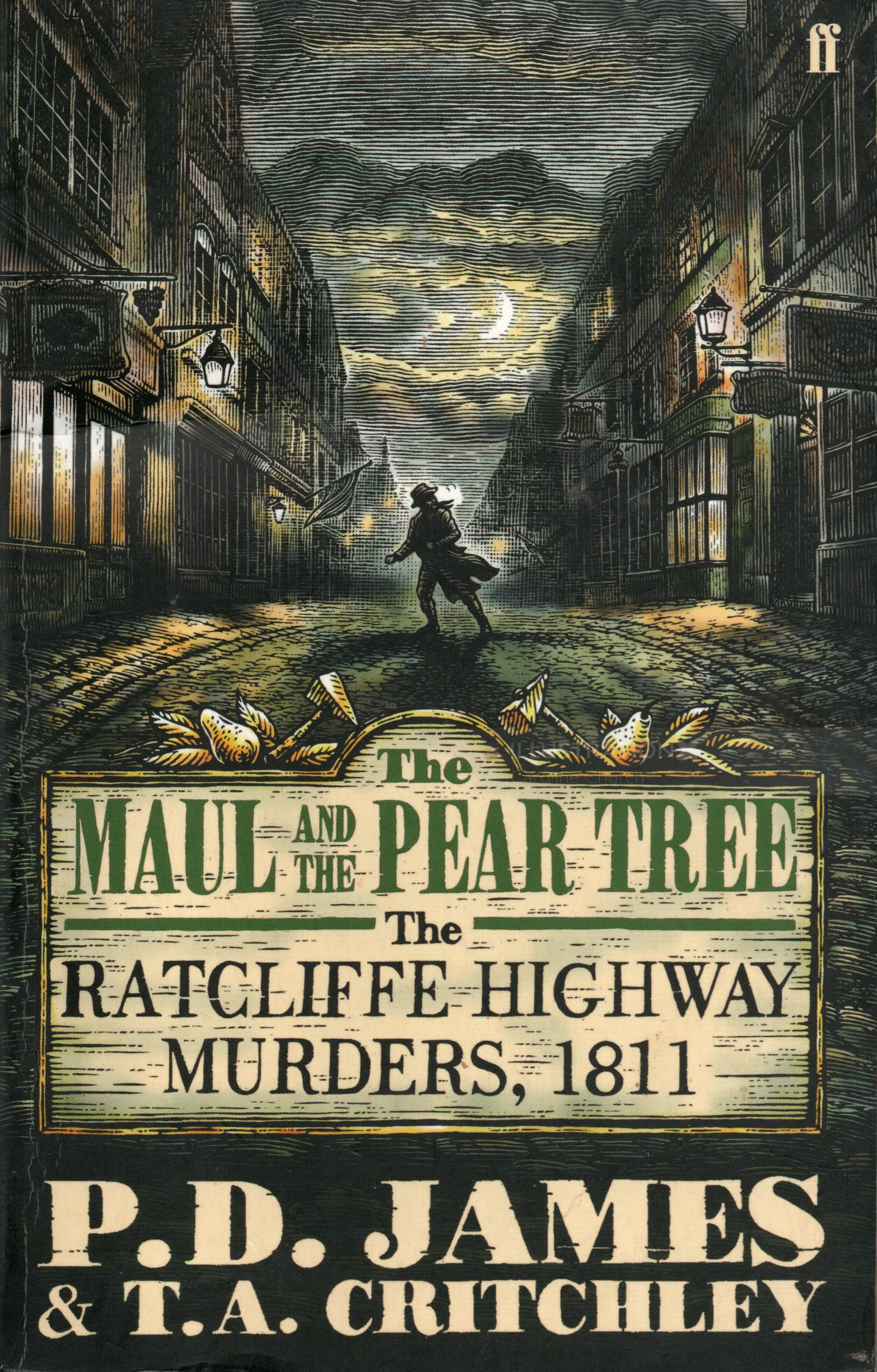 Dunkle Straßenszene mit einem Mann, der unter bewölktem Himmel geht, auf dem Buchcover von „The Maul and The Pear Tree“ von Caro