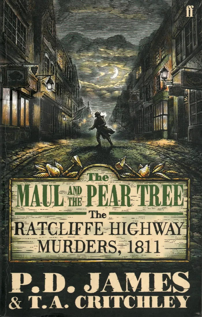 Dark street scene with man walking under cloudy sky on The Maul and The Pear Tree book cover by Caro