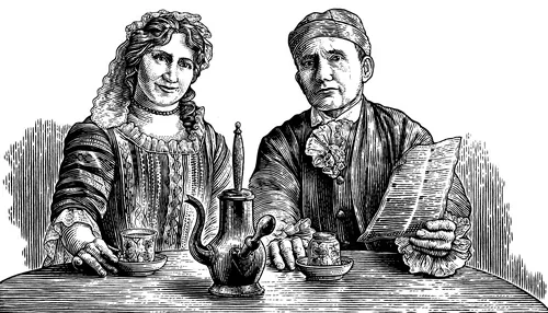 Victorian couple seated with tea pot and newspaper by Caroline Church
