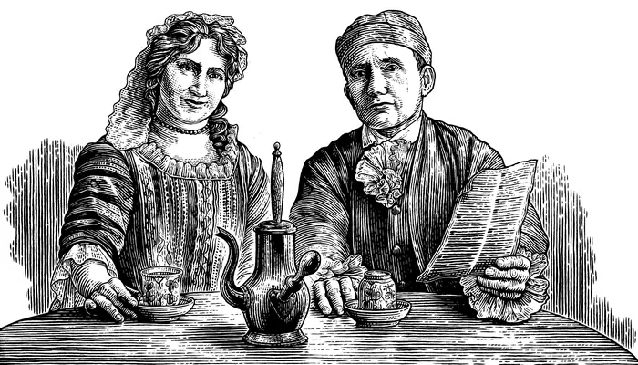 Victorian couple seated with tea pot and newspaper by Caroline Church