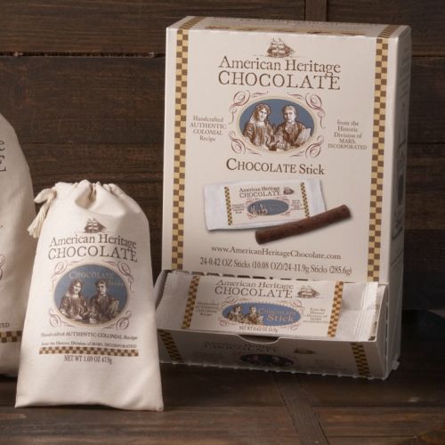 American Heritage Chocolate products with vintage packaging by Caroline Church
