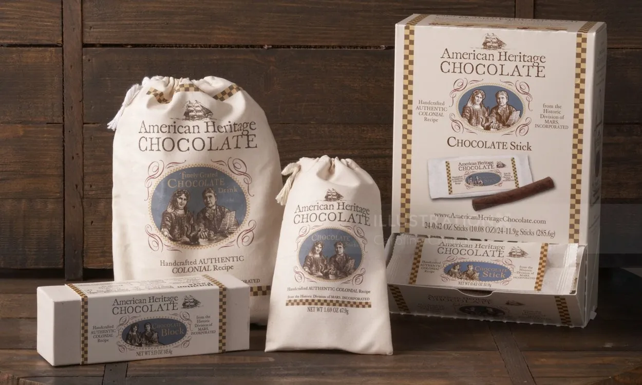 American Heritage Chocolate products with vintage packaging by Caroline Church