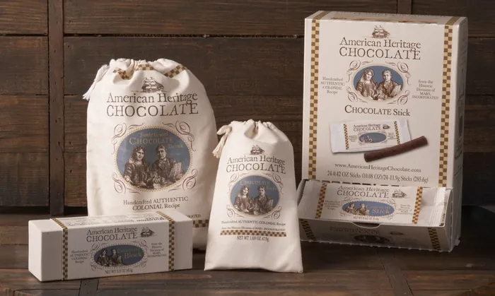 American Heritage Chocolate products with vintage packaging by Caroline Church