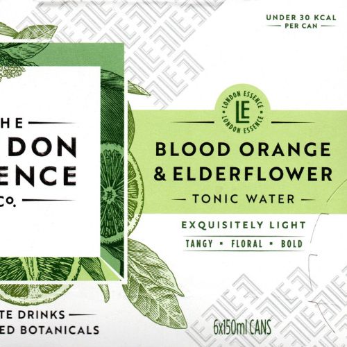London Essence Blood Orange & Elderflower tonic water can with botanical design